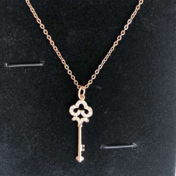 Rose Gold Plated Necklace w Key Charm Pendant  W Cubic Zirconia Stones - Picture 2 of 13
